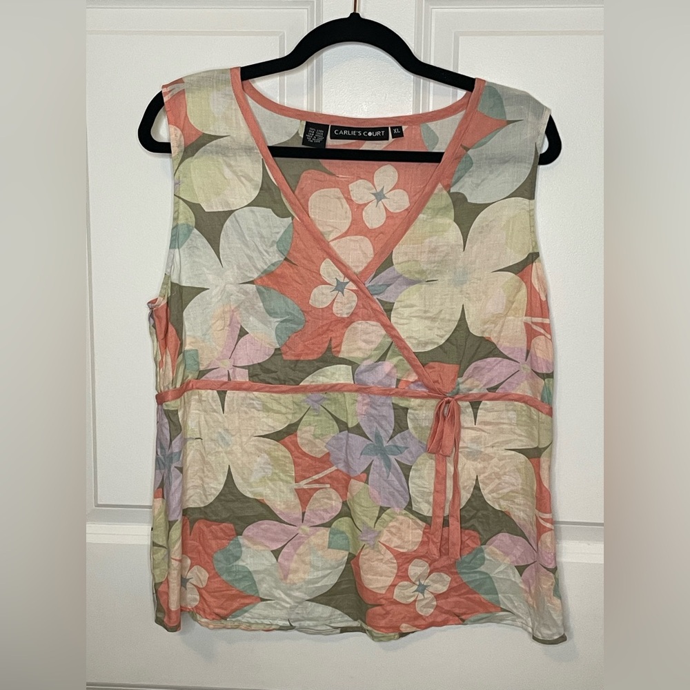 Carlie’s Court 100% Linen Floral Wrap Tunic Top Sleeveless Coral Green XL